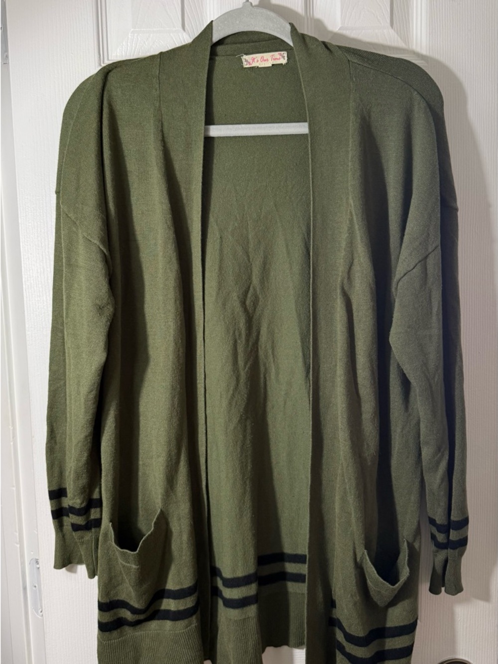 It's Our Time Olive Green Open-Front Men's Cardigan with Stripe Accents